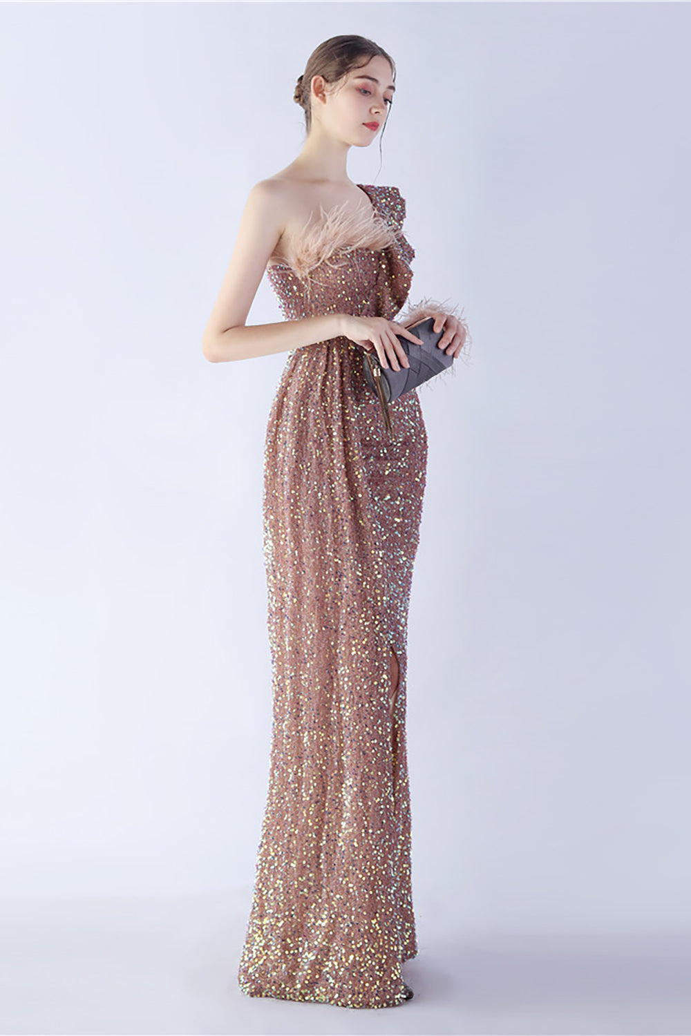 Mermaid One Shoulder Sequin Formal Dress With Feathers
