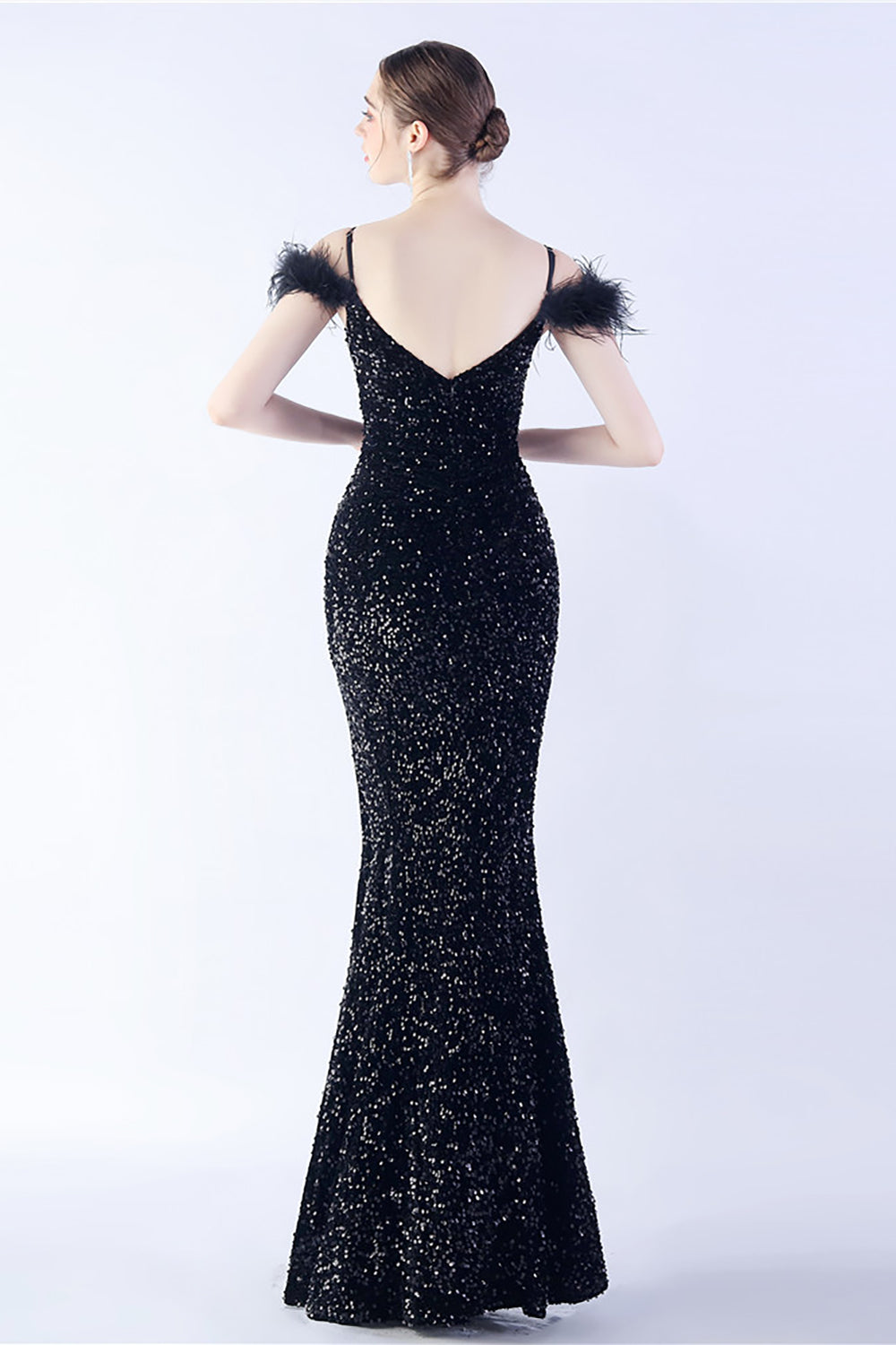 Mermaid Spaghetti Straps Sequin Formal Evening Dress With Feathers