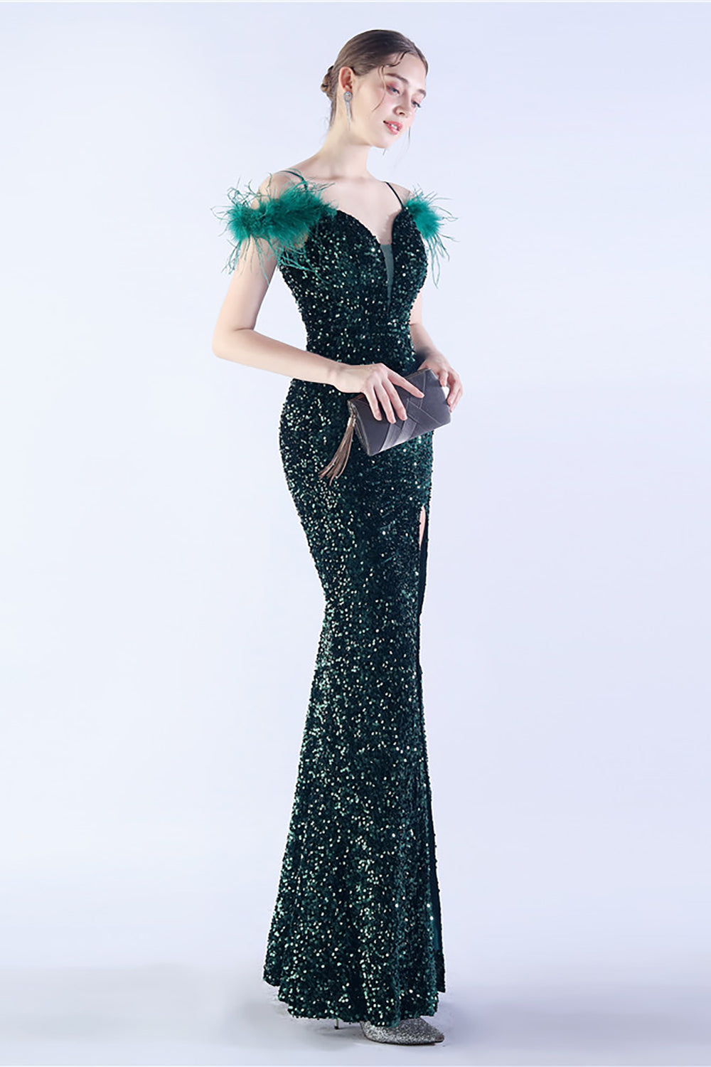 Mermaid Spaghetti Straps Sequin Formal Evening Dress With Feathers