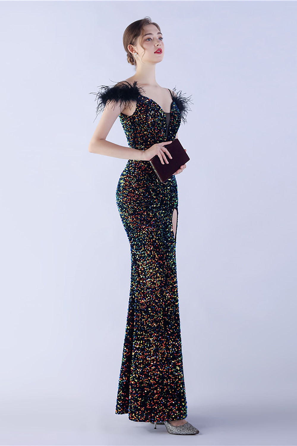 Mermaid Spaghetti Straps Sequin Formal Evening Dress With Feathers