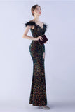 Mermaid Spaghetti Straps Sequin Formal Evening Dress With Feathers
