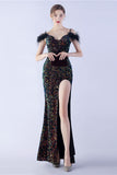 Mermaid Spaghetti Straps Sequin Formal Evening Dress With Feathers