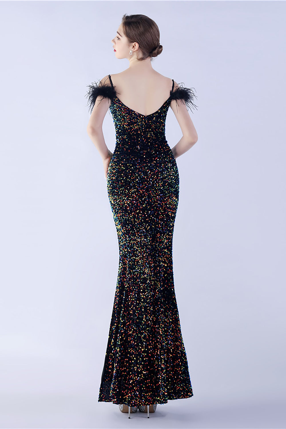 Mermaid Spaghetti Straps Sequin Formal Evening Dress With Feathers