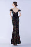 Mermaid Spaghetti Straps Sequin Formal Evening Dress With Feathers