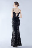 Burgundy Spaghetti Straps V-neck Sequin Sheath Formal Dress with Slit
