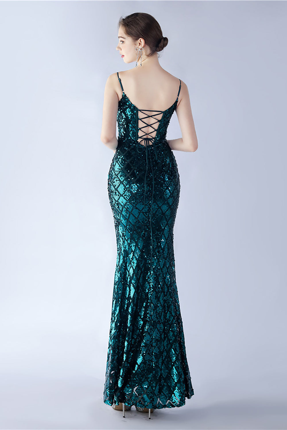 Burgundy Spaghetti Straps V-neck Sequin Sheath Formal Dress with Slit
