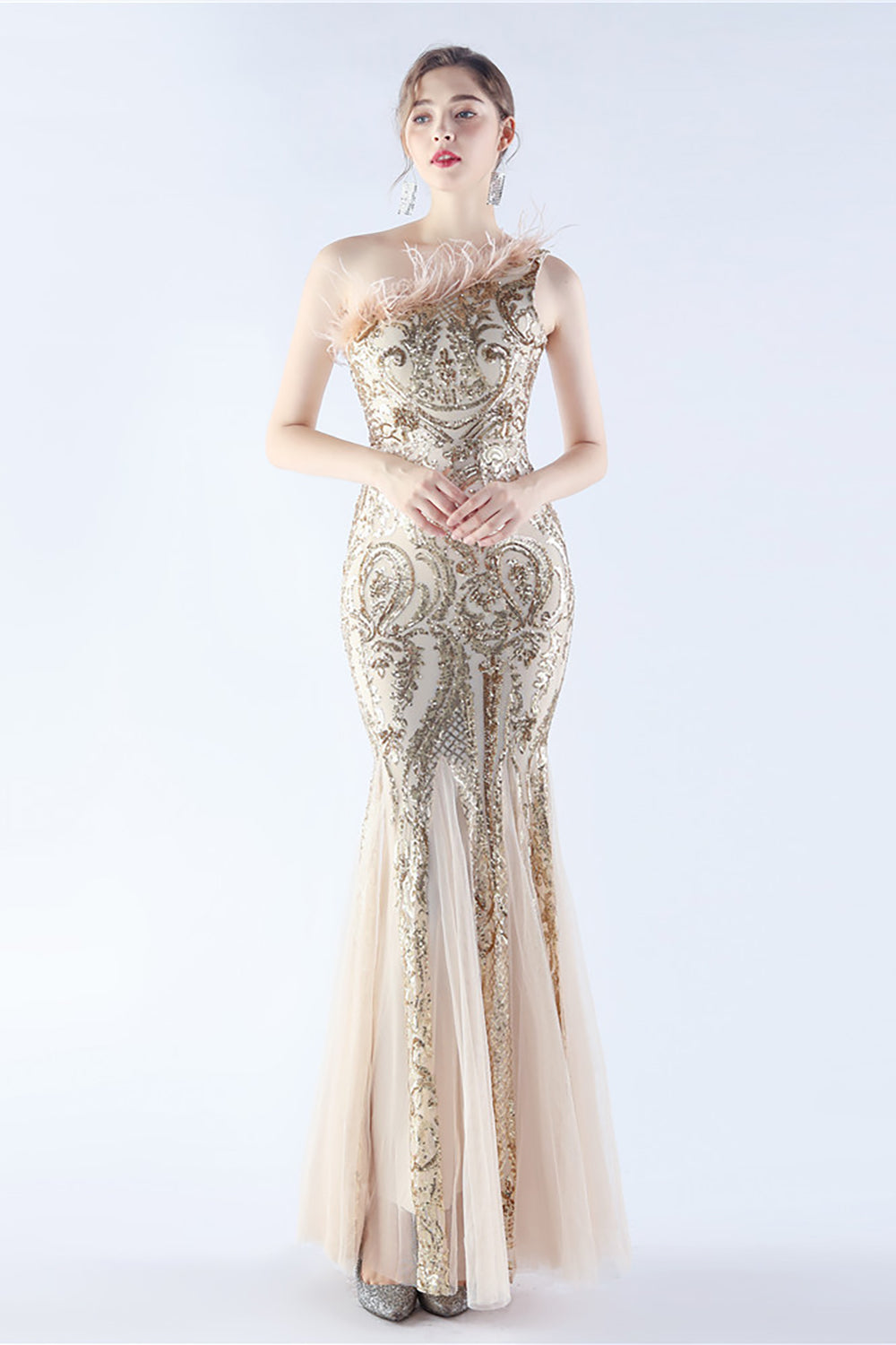 Burgundy Mermaid One Shoulder Mesh and Beaded Evening Dress With Feathers