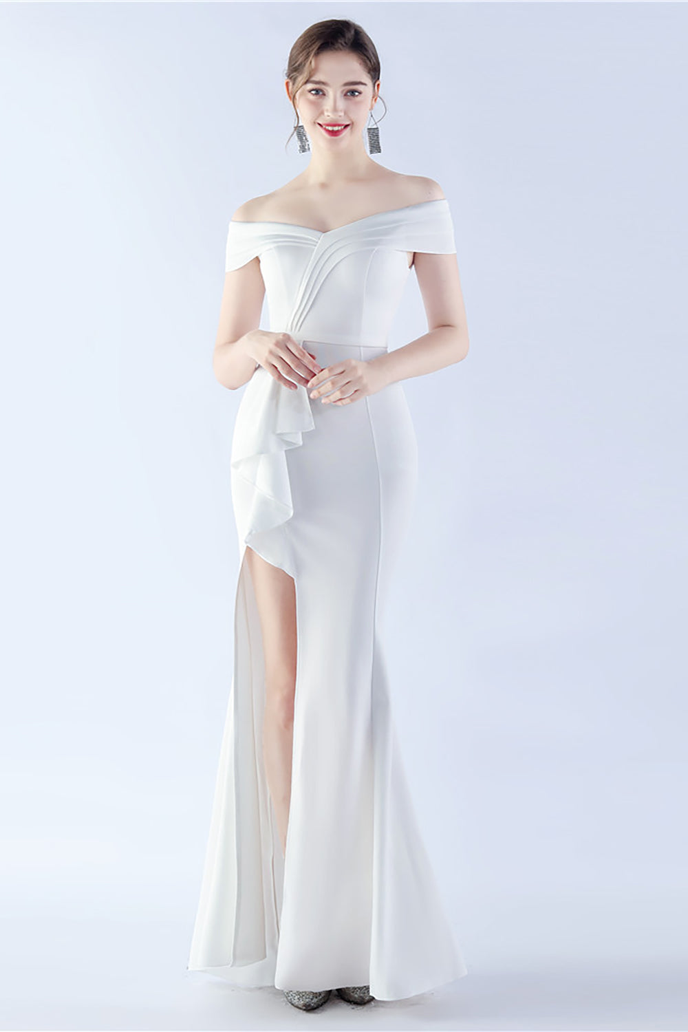 Navy Off the Shoulder Mermaid Crepe Formal Dress with Slit