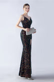 Glitter Mermaid Spaghetti Straps Beaded Symphony Black Formal Dress With Side Slit