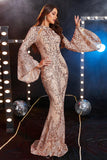 Champagne Sequin Mermaid Long Sleeves Formal Dress