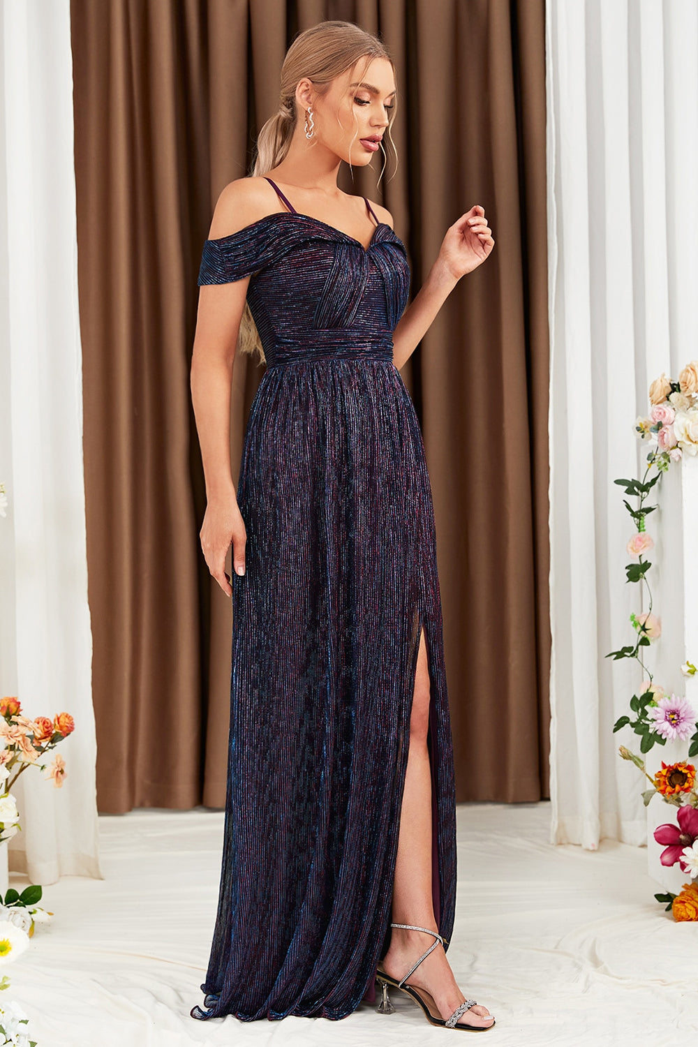 Glitter A-Line Purple Prom Dress with Shoulder