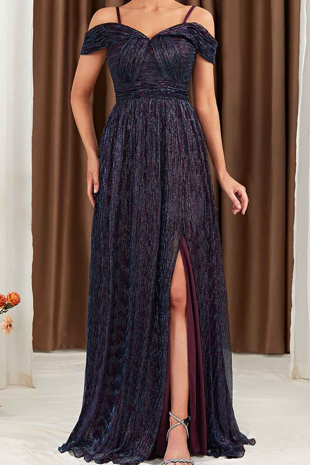 Glitter A-Line Purple Prom Dress with Shoulder