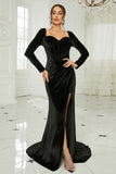 Black Mermaid Sweetheart Neck Velvet Long Prom Dress with Slit