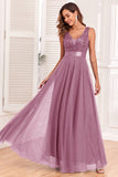 A-Line V-Neck Blue Prom Dress