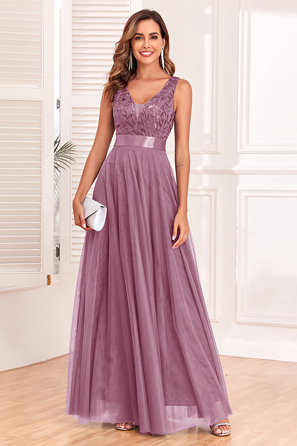 A-Line V-Neck Blue Prom Dress