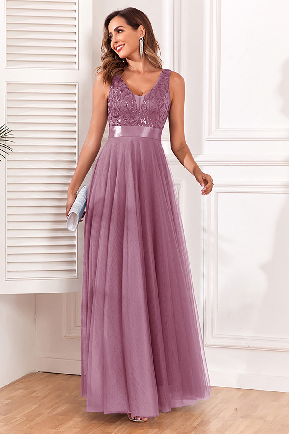 A-Line V-Neck Blue Prom Dress