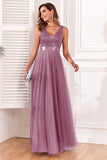 A-Line V-Neck Blue Prom Dress