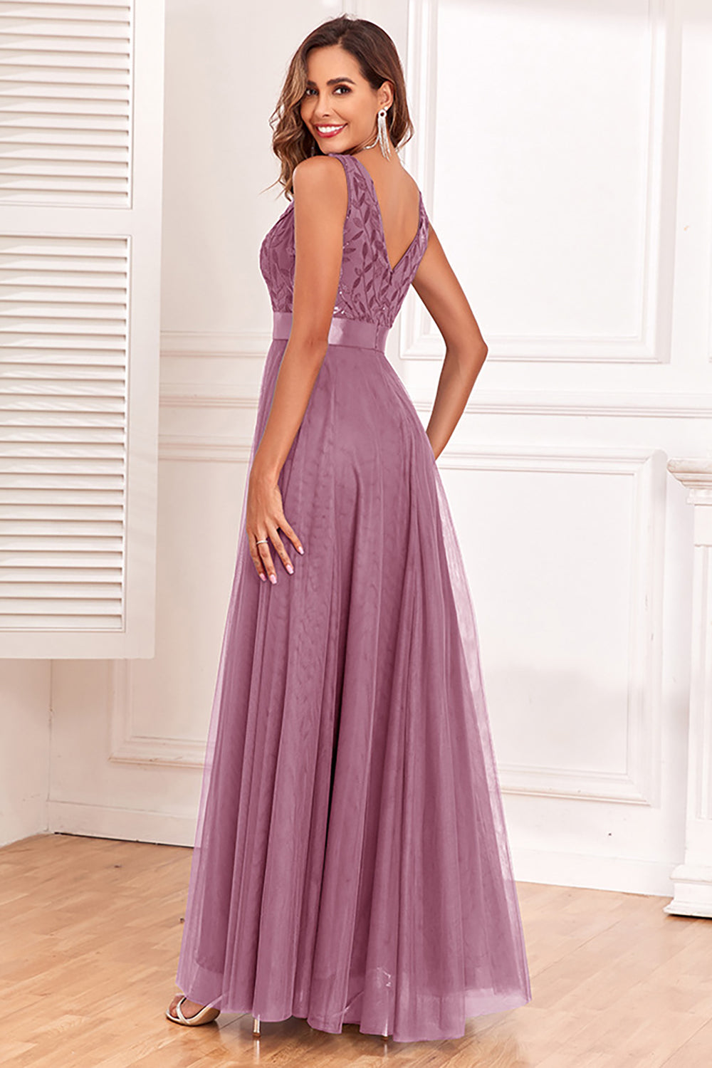 A-Line V-Neck Blue Prom Dress