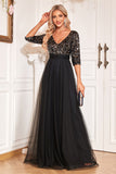 Black A-Line V Neck Short Sleeves Sequins Prom Dress