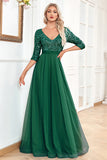 Black A-Line V Neck Short Sleeves Sequins Prom Dress