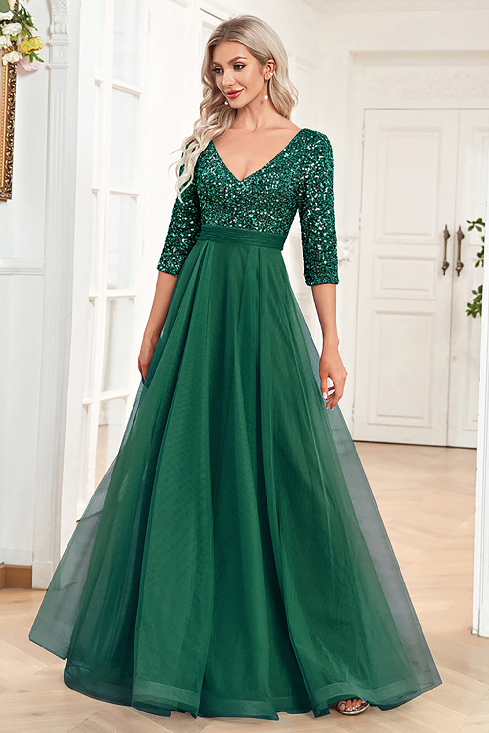 Black A-Line V Neck Short Sleeves Sequins Prom Dress
