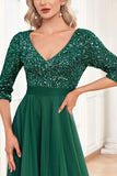 Black A-Line V Neck Short Sleeves Sequins Prom Dress
