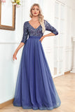 Black A-Line V Neck Short Sleeves Sequins Prom Dress