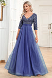 Black A-Line V Neck Short Sleeves Sequins Prom Dress