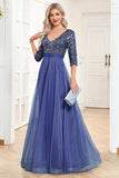 Black A-Line V Neck Short Sleeves Sequins Prom Dress