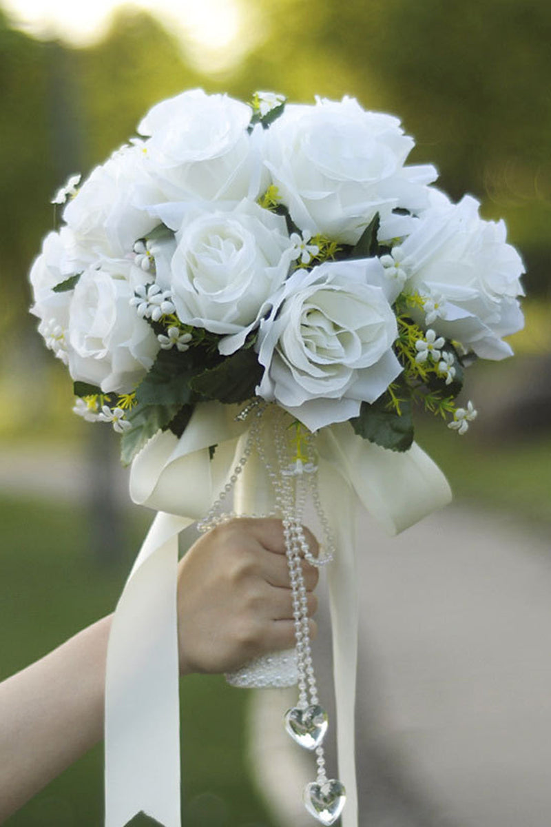 Zapaka Women White Rose Bridal Bouquet with Pearl String – Zapaka CA
