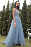 A-line Long Blue Prom Dress with Appliques