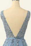 Blue Tulle Prom Dress with Appliques