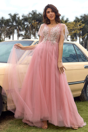 A Line V Neck Blush Long Prom Dress with Appliques