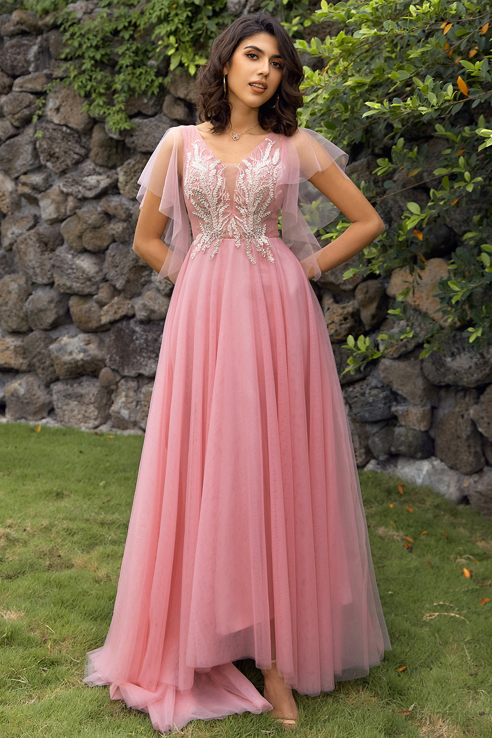 A Line V Neck Blush Long Prom Dress with Appliques