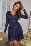 A Line V Neck Navy Sequins Short Wedding Guest Dress