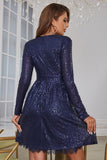 A Line V Neck Navy Sequins Short Wedding Guest Dress