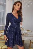 A Line V Neck Navy Sequins Short Wedding Guest Dress