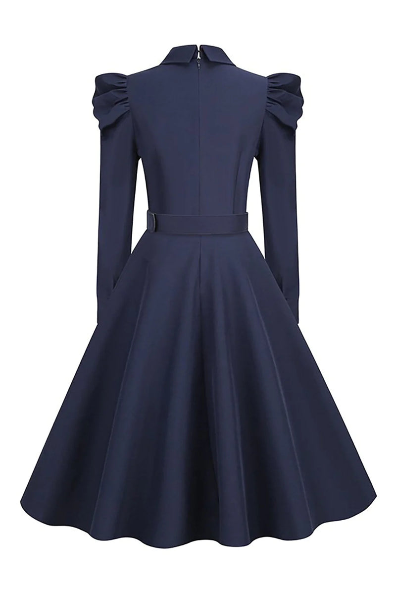 ZAPAKA Women 1950s Swing Dress Long Sleeves Navy A Line Vintage