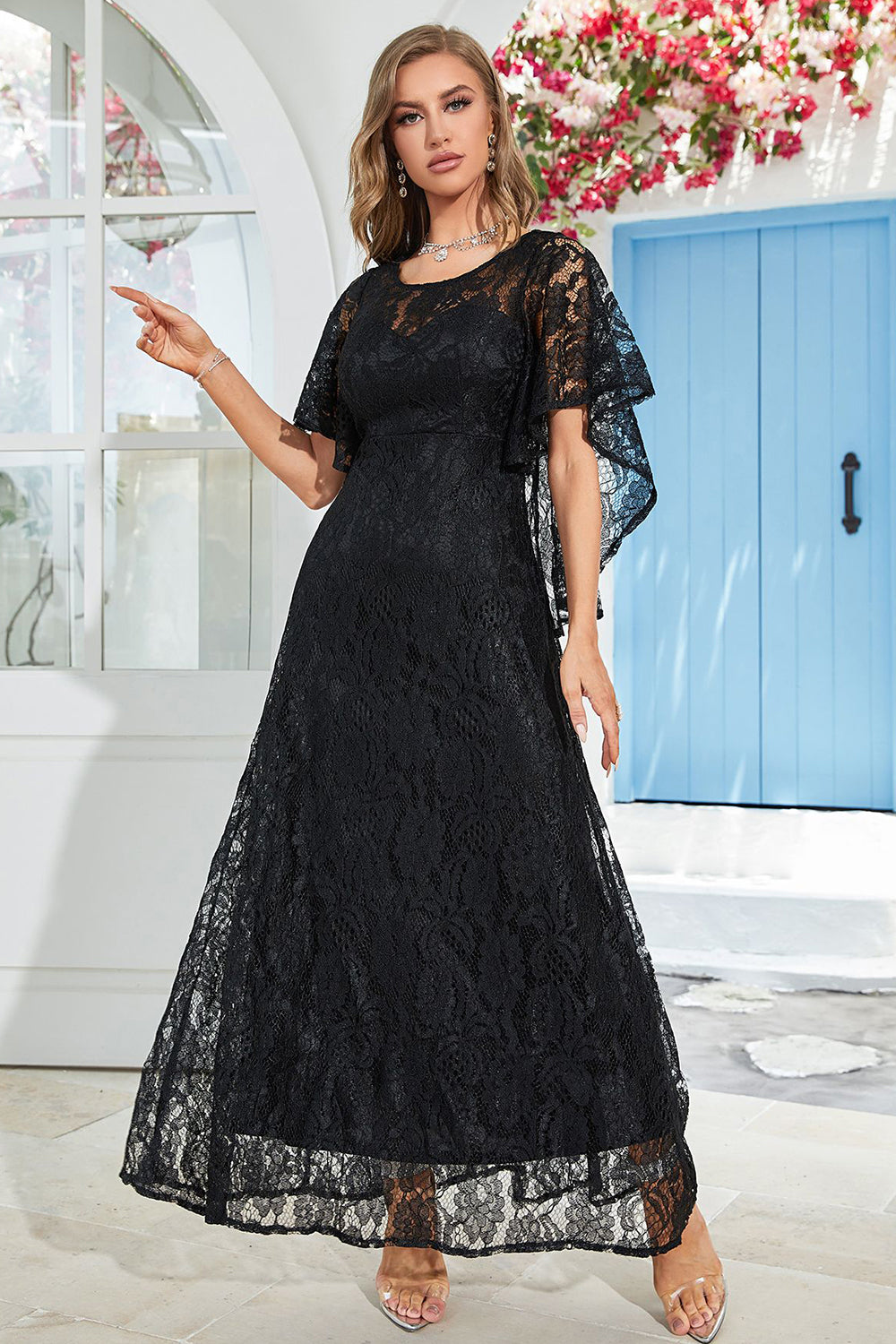 Black Batwing Sleeves Lace Wedding Guest Dress