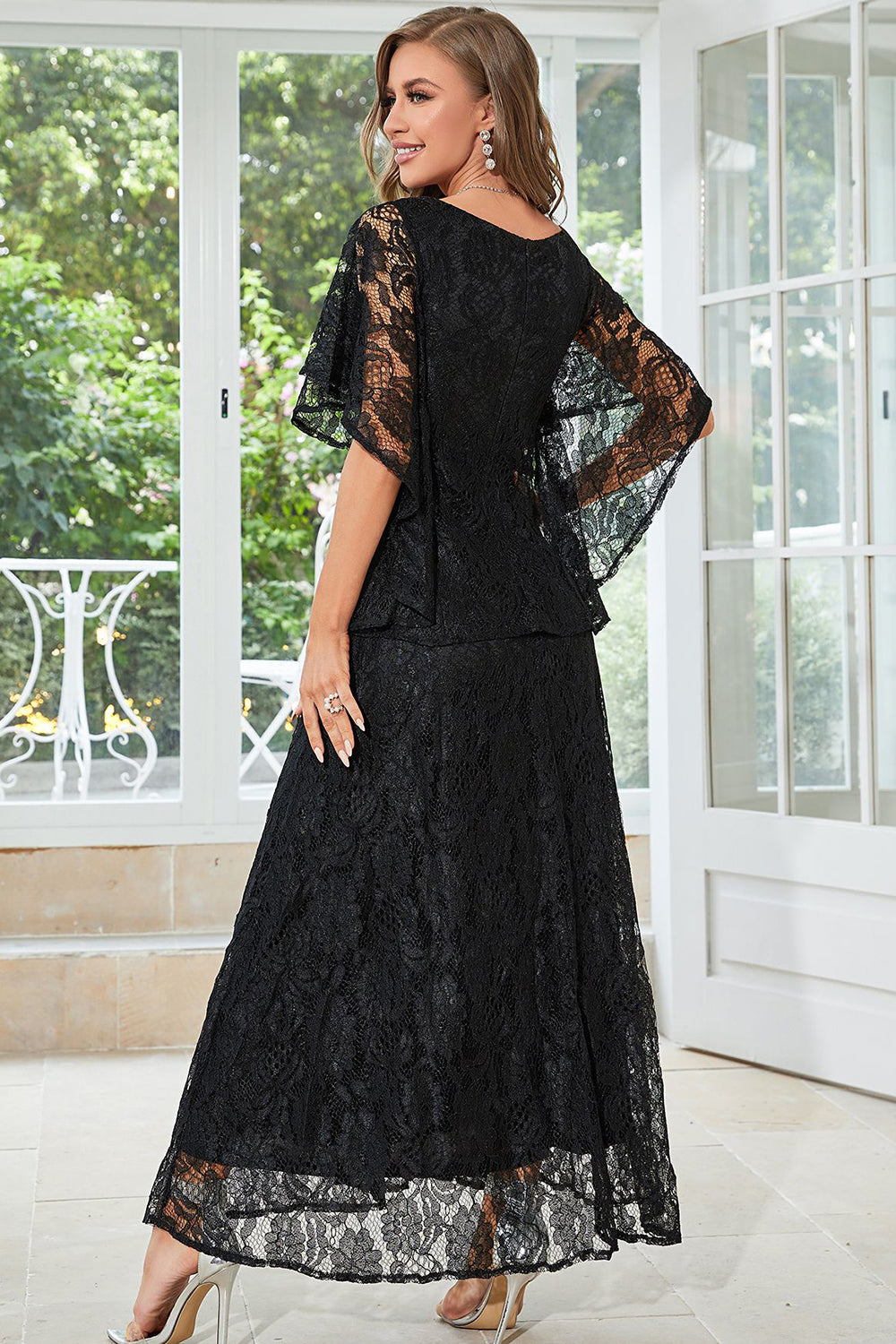 Black Batwing Sleeves Lace Wedding Guest Dress