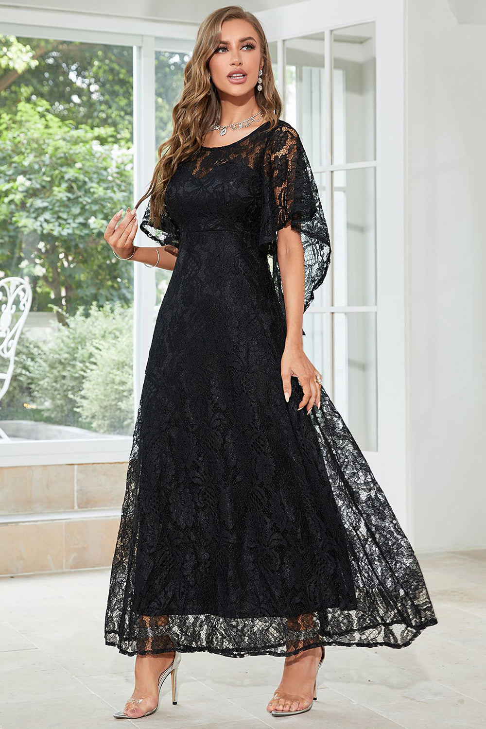 Black Batwing Sleeves Lace Wedding Guest Dress