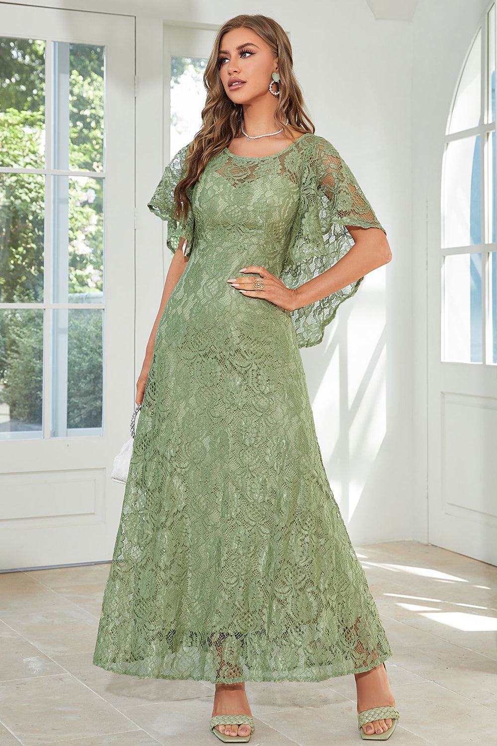 Black Batwing Sleeves Lace Wedding Guest Dress