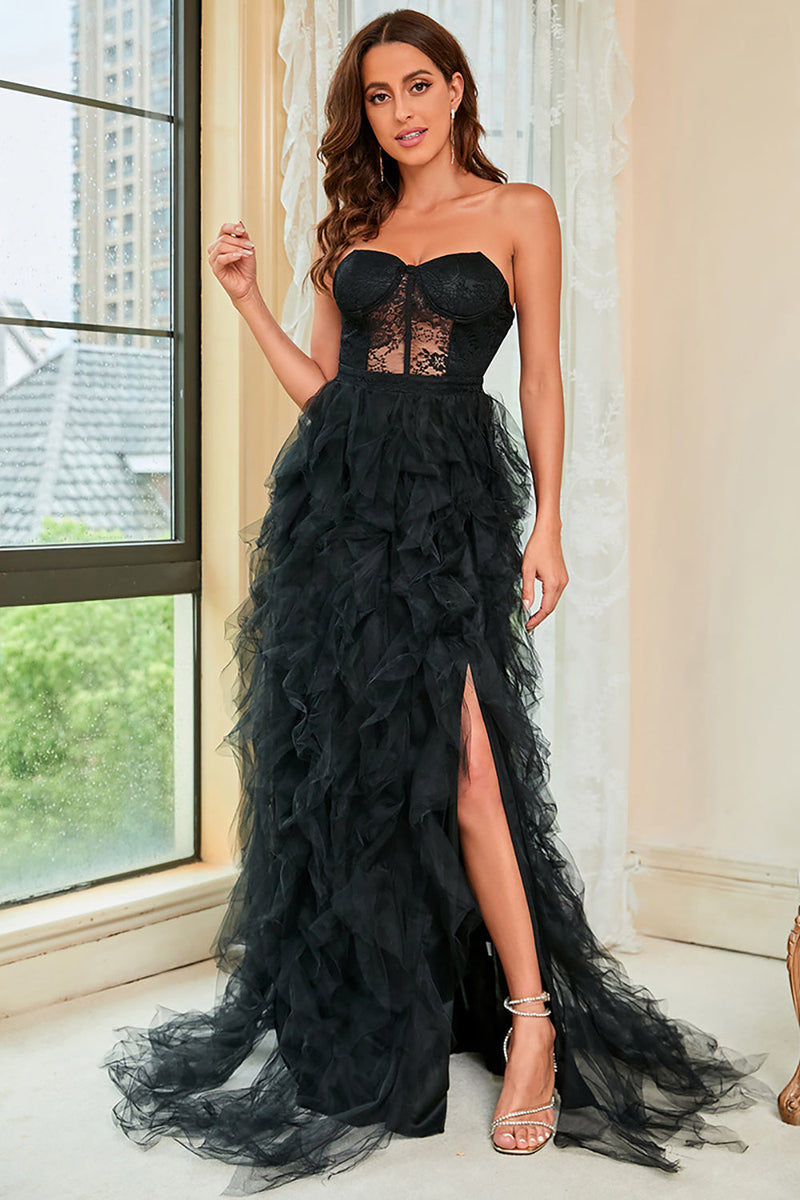 ZAPAKA Women Corset Prom Dress with Slit Strapless Black Sleeveless Tulle  Party Dress – Zapaka CA