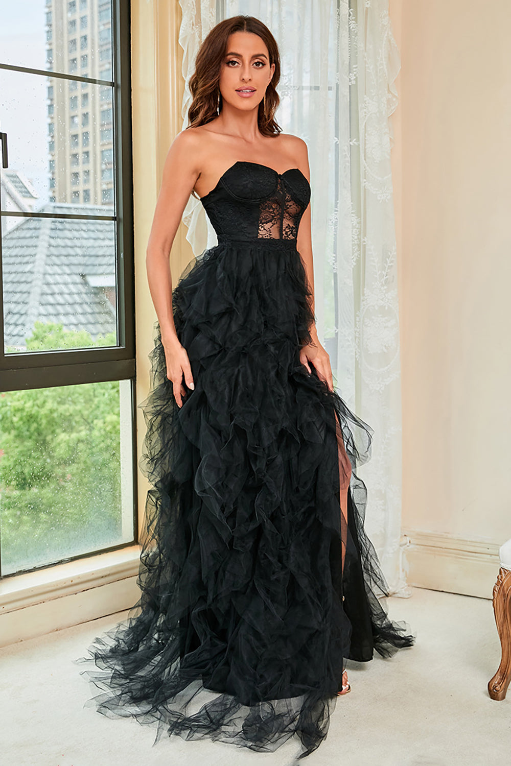 Strapless Black Corset Prom Dress with Slit