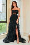 Strapless Black Corset Prom Dress with Slit