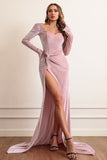 Velvet Long Sleeves Prom Dress with Slit