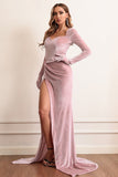 Velvet Long Sleeves Prom Dress with Slit