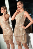 One Shoulder Champagne Graduation Dress with Fringes