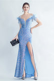 Cold Shoulder Sequins Blue Corset Prom Dress with Feathers