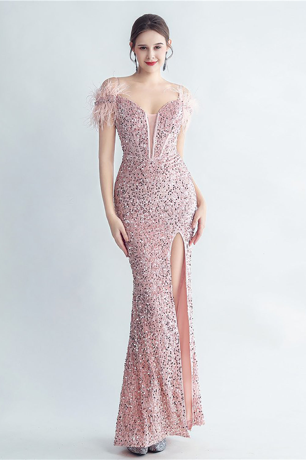 Cold Shoulder Sequins Blue Corset Prom Dress with Feathers